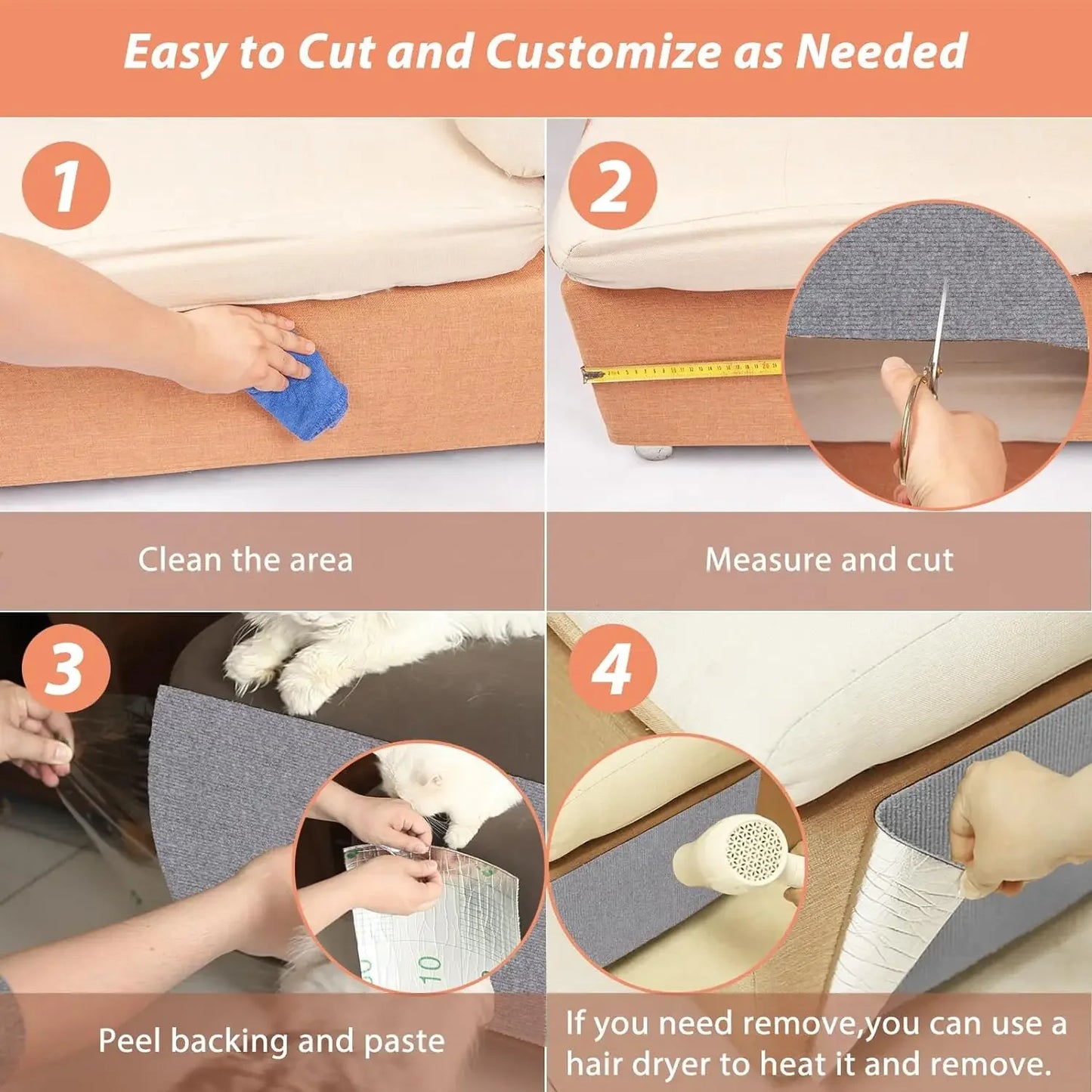 Self-Adhesive Trimmable Cat Scratching Mat for Furniture Protection