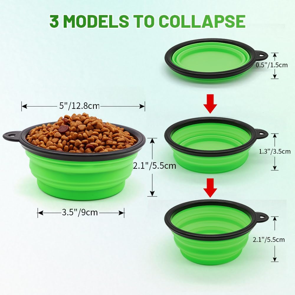 Collapsible Pet Bowls for Dogs and Cats, 2-Pack Portable Feeding and Watering Dishes with Carabiners (Small, Blue and Green)
