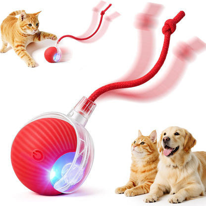 Interactive Automatic Electric Rolling Teaser Ball Toy with Rechargeable Motion Activation and Rope for Indoor Cats and Dogs, Red