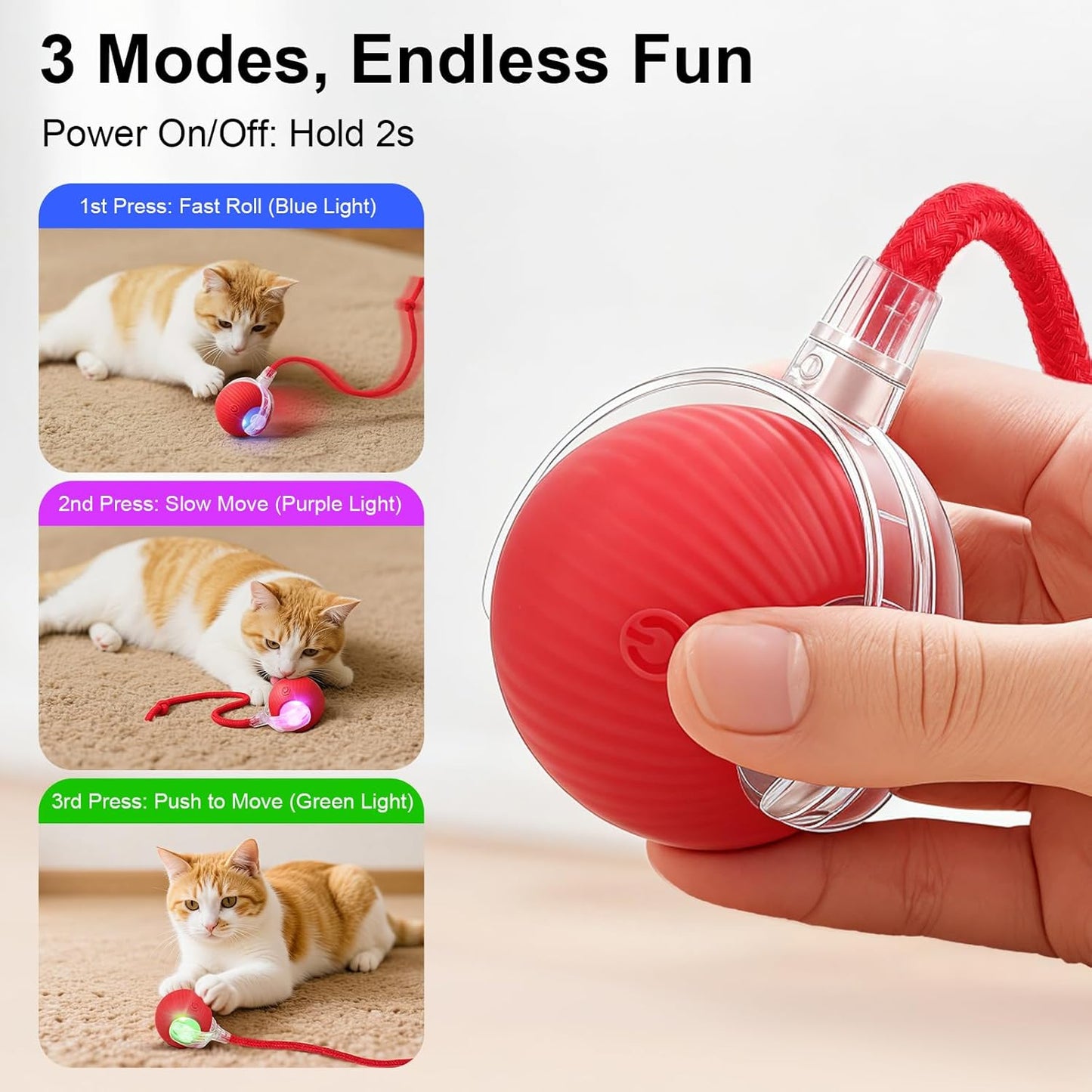 Interactive Automatic Electric Rolling Teaser Ball Toy with Rechargeable Motion Activation and Rope for Indoor Cats and Dogs, Red