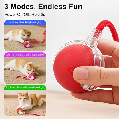 Interactive Automatic Electric Rolling Teaser Ball Toy with Rechargeable Motion Activation and Rope for Indoor Cats and Dogs, Red
