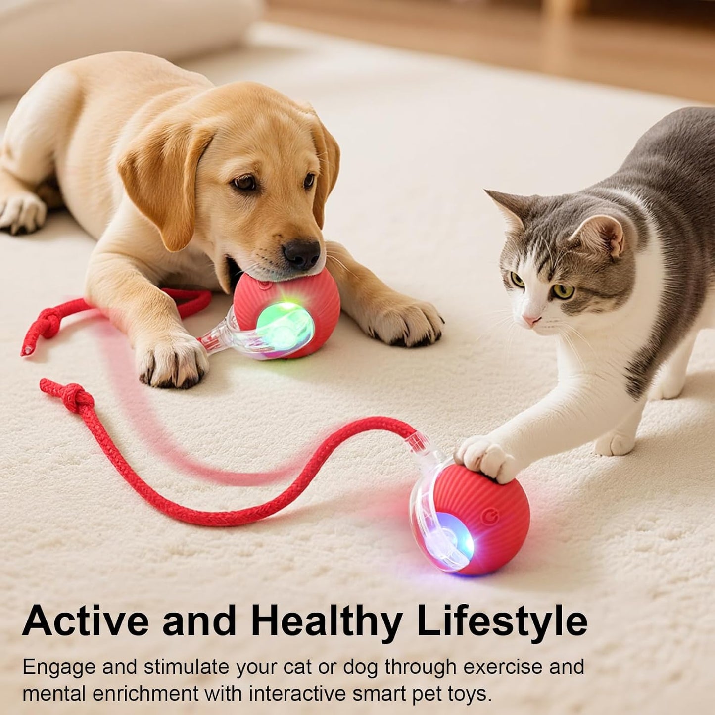 Interactive Automatic Electric Rolling Teaser Ball Toy with Rechargeable Motion Activation and Rope for Indoor Cats and Dogs, Red