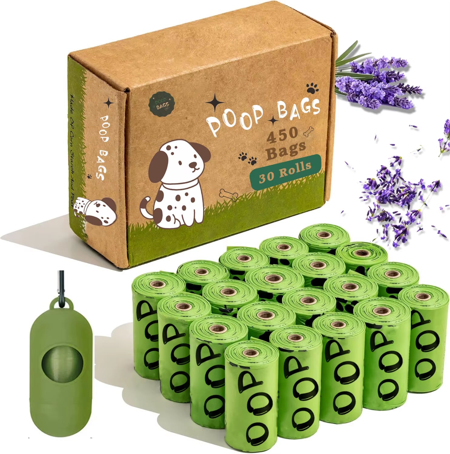 EPI Biodegradable Lavender Scented Dog Waste Bags with Holder - Extra Thick and Leakproof Dispenser Included