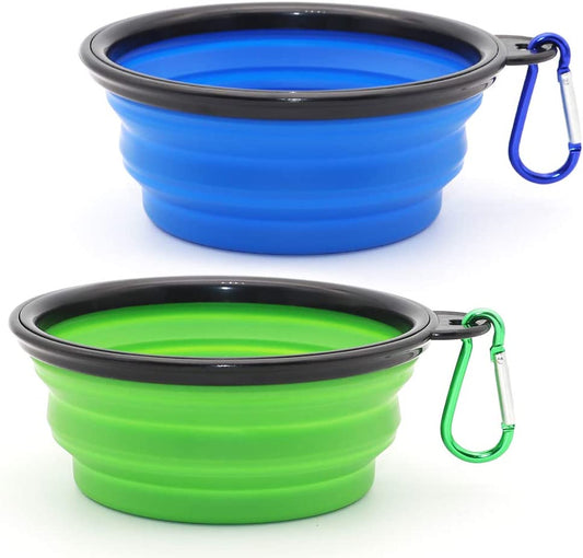 Collapsible Pet Bowls for Dogs and Cats, 2-Pack Portable Feeding and Watering Dishes with Carabiners (Small, Blue and Green)