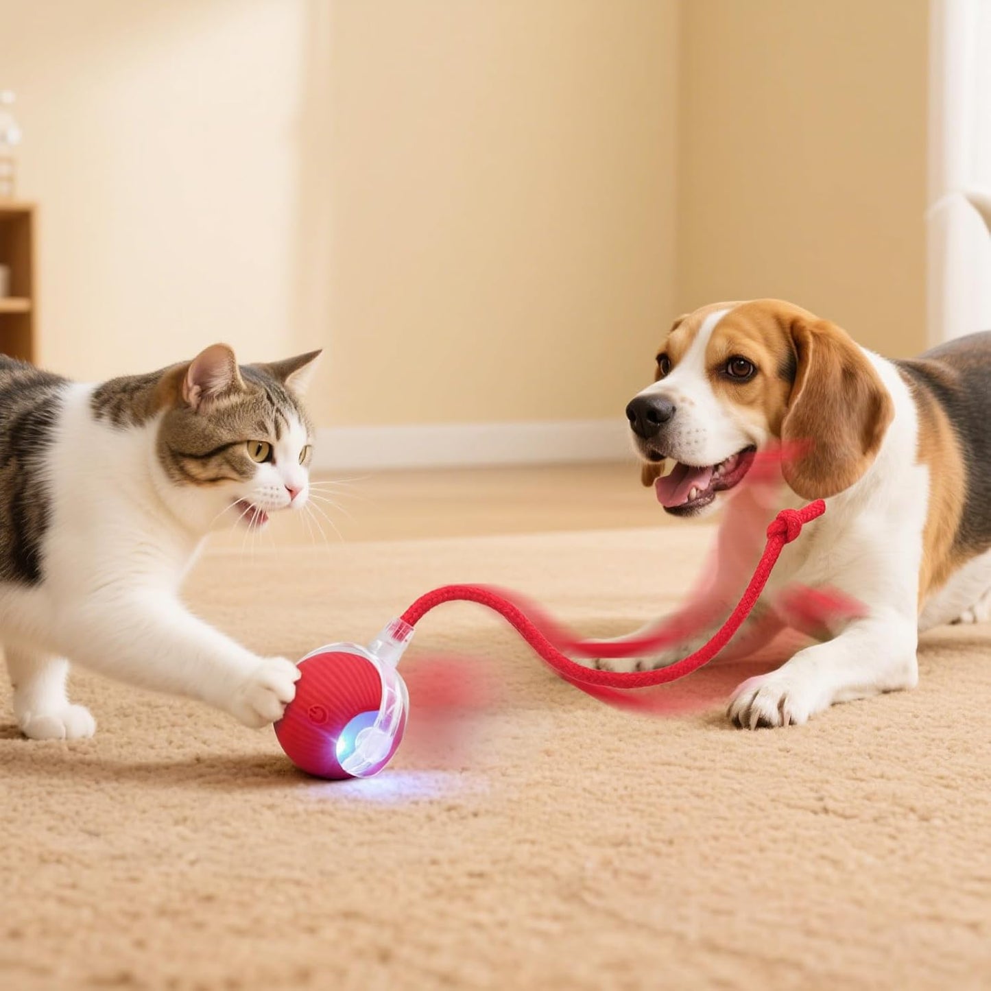 Interactive Automatic Electric Rolling Teaser Ball Toy with Rechargeable Motion Activation and Rope for Indoor Cats and Dogs, Red