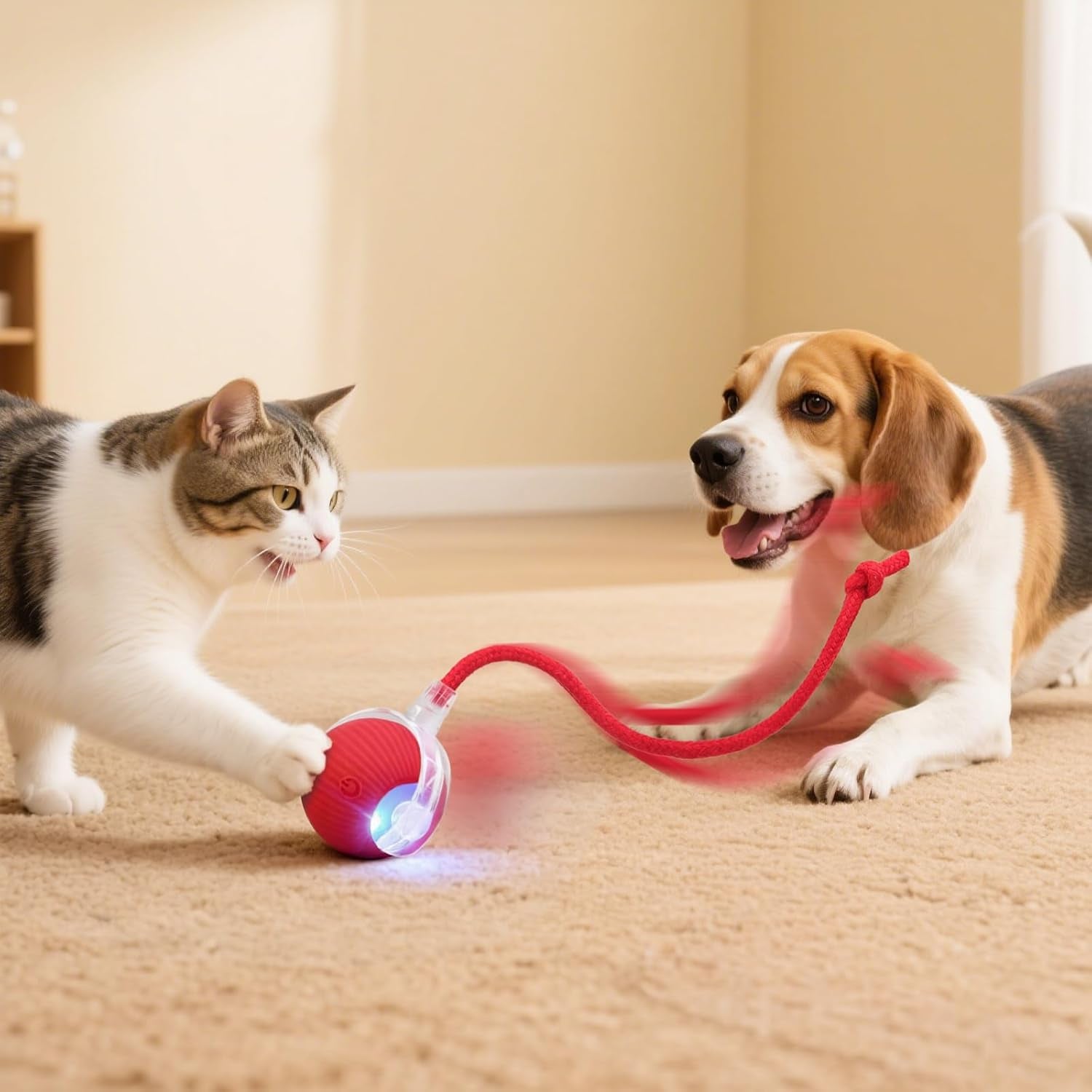 Interactive Automatic Electric Rolling Teaser Ball Toy with Rechargeable Motion Activation and Rope for Indoor Cats and Dogs, Red