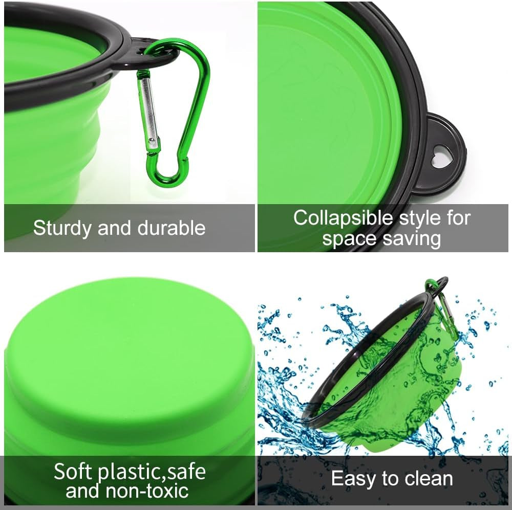 Collapsible Pet Bowls for Dogs and Cats, 2-Pack Portable Feeding and Watering Dishes with Carabiners (Small, Blue and Green)