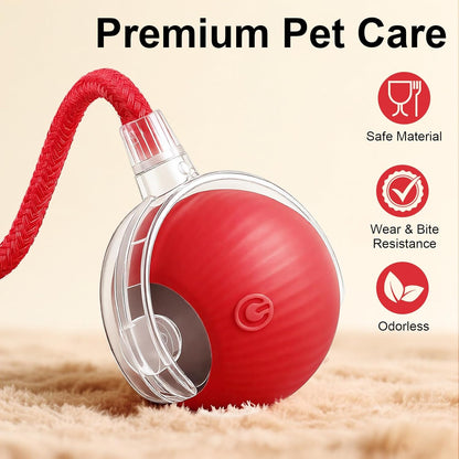 Interactive Automatic Electric Rolling Teaser Ball Toy with Rechargeable Motion Activation and Rope for Indoor Cats and Dogs, Red