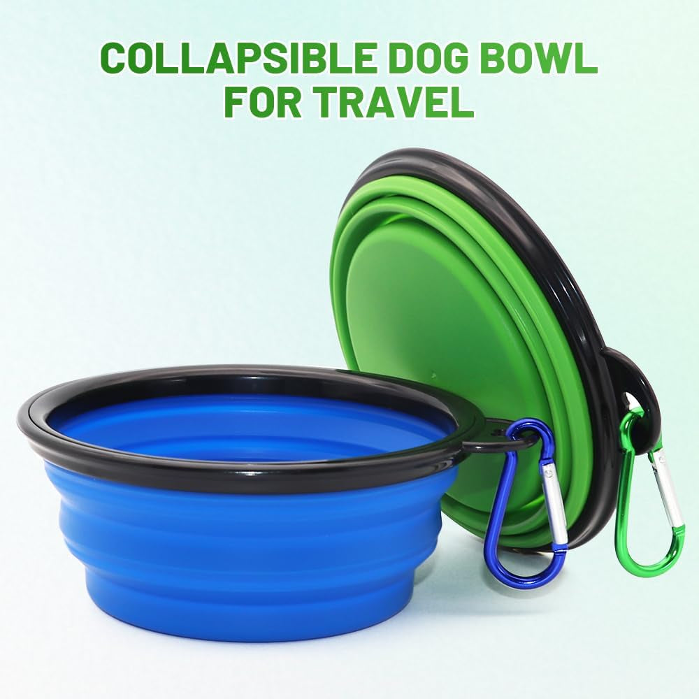 Collapsible Pet Bowls for Dogs and Cats, 2-Pack Portable Feeding and Watering Dishes with Carabiners (Small, Blue and Green)