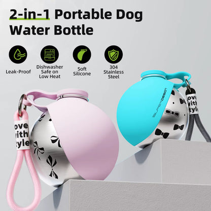 Portable 2-in-1 Dog Water Bottle for Small Breeds - Leak-Proof and Compact Design with Stainless Steel and Silicone Materials